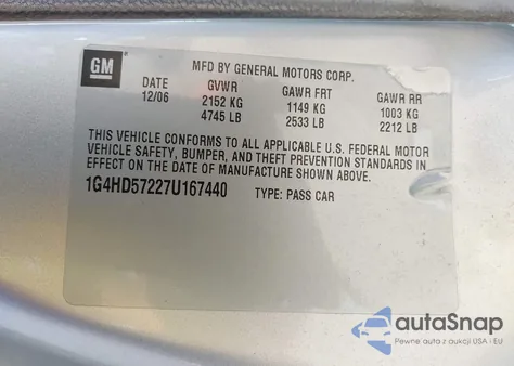 2007 Buick Lucerne Cxl z USA, uszkodzony, nr VIN 1G4HD57227U167440